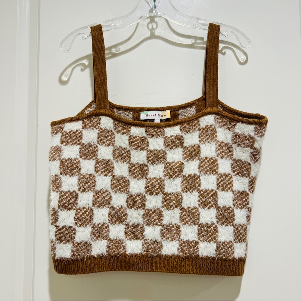 Hazel Moon women brown toffee white soft fuzzy checkered cami crop top size L